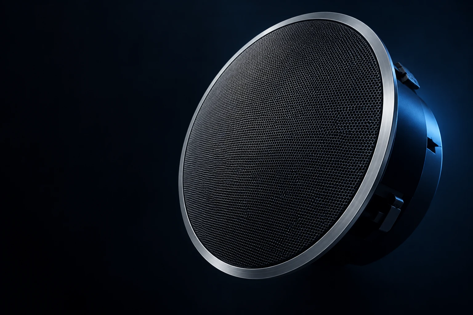 Conceptual architectural PA ceiling speaker with a precision grille and blue rim lighting